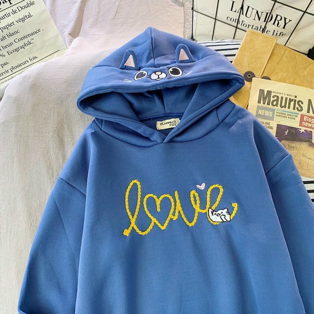 Áo hoodie Nữ thêu chữ Love, phối nón hình Mèo i hình - Hot trend 2021 | BigBuy360 - bigbuy360.vn