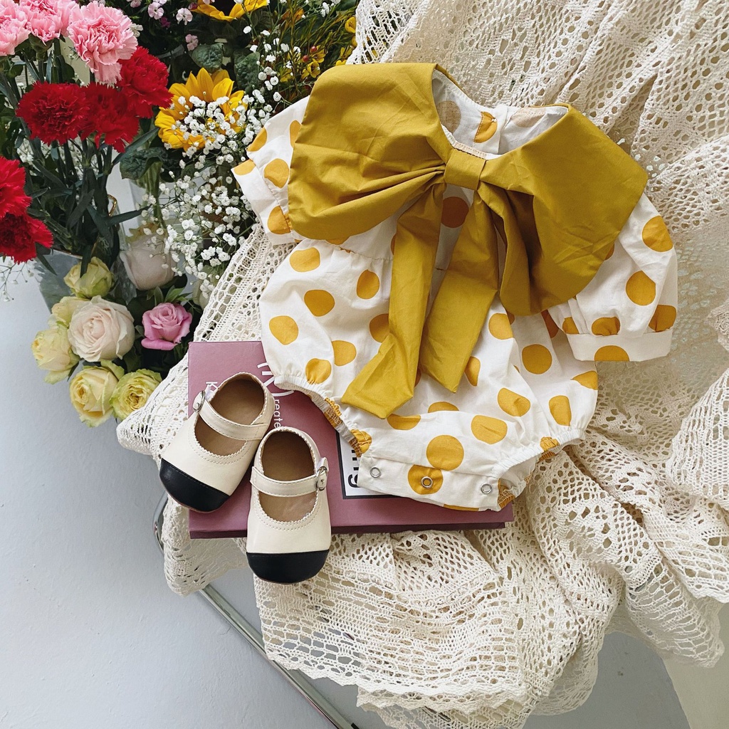 Baby Girl Jumpsuit 2022 Summer Korean Style Baby Girl Polka Dot Chest Big Bowknot Bag Fart Romper WjVg