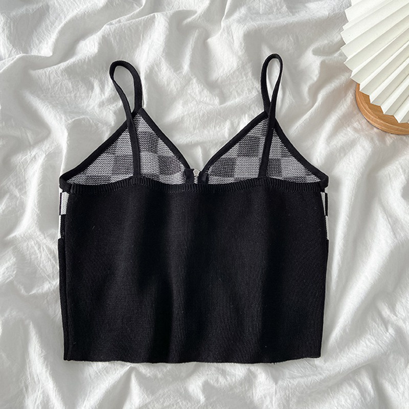 Áo Croptop Không Tay Cổ Chữ V Họa Tiết Sọc Caro Siêu Nhẹ Thiết Kế Khóa Kéo Thời Trang Cho Nữ