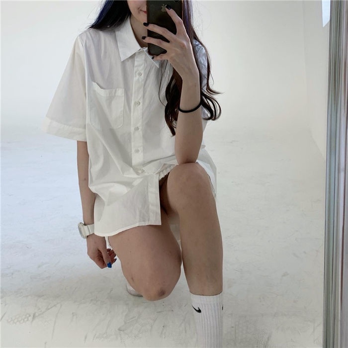 Áo Sơ Mi Ngắn Tay Dáng Rộng Xẻ Lưng Thời Trang Mùa Hè Dành Cho Nữ