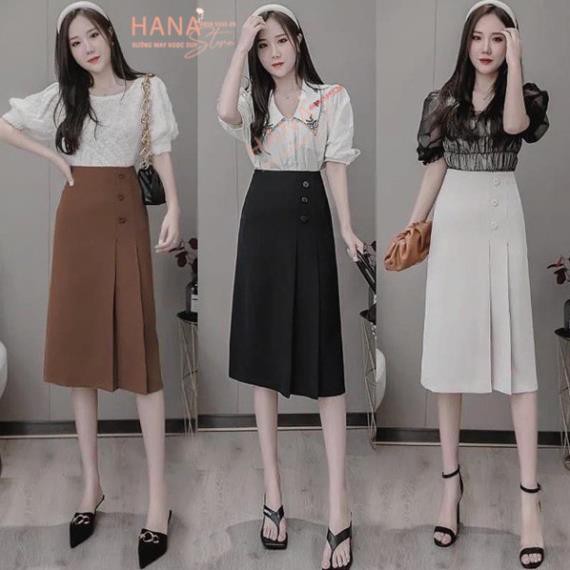 Chân váy công sở dài qua gối dáng chữ A xếp ly bản to khóa sau phối 3 cúc - Màu đen trắng nâu - Vải dày mặc đi tiệc biển | BigBuy360 - bigbuy360.vn