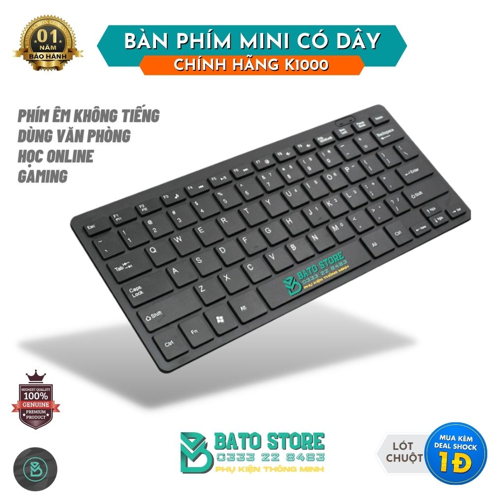 Bàn Phím Mini K1000 Chính Hãng Siêu Mỏng, Nhỏ gọn, Phím Êm, Kết Nối Dễ Dàng, Gõ Không Tiếng