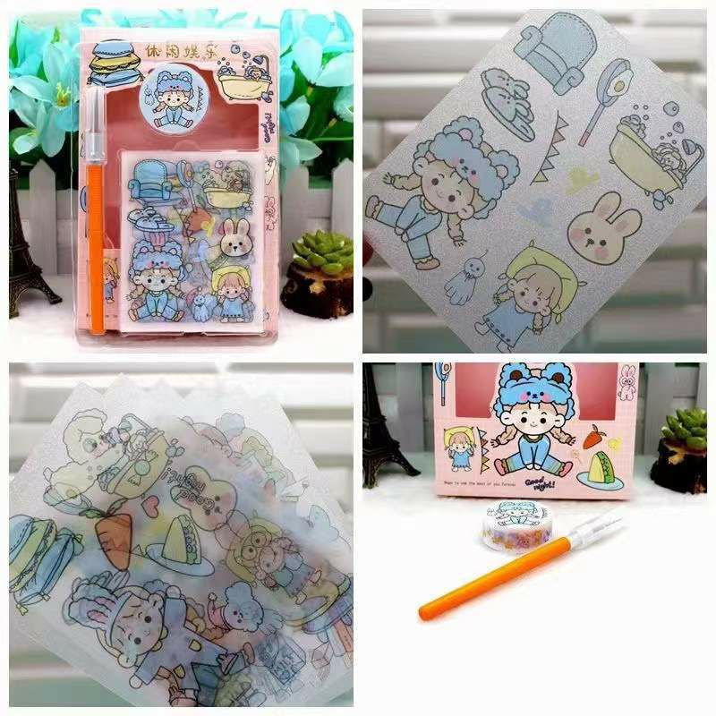 Hộp combo 6 tấm sticker Cổ trang/Chibi washi tape kèm dao cắt
