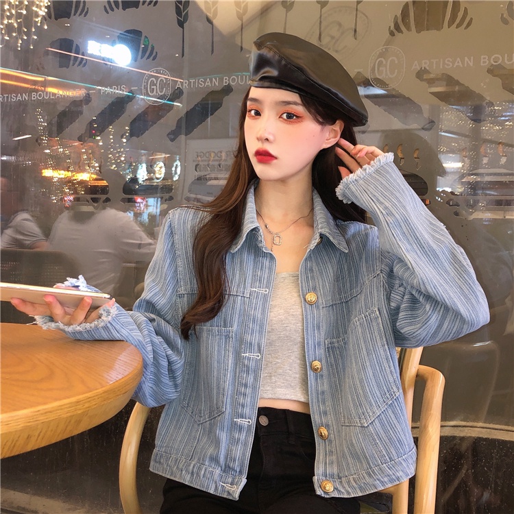 IELGY     Áo Khoác denim Tay Dài Kẻ Sọc Dọc Đơn Giản Dành Cho Nữ