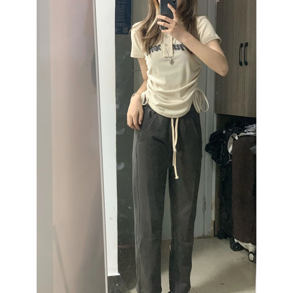 Áo thun croptop XIAOZHAINV tay ngắn dáng ôm phối dây rút thời trang quyến rũ cho nữ