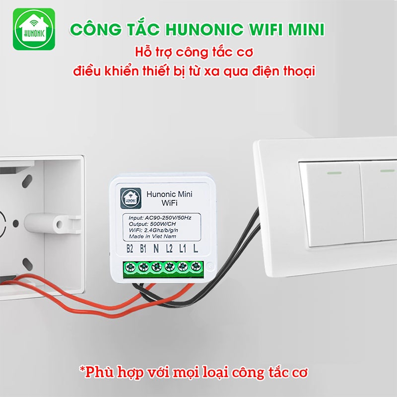 Công Tắc Thông Minh Wifi Hunonic Mini Điều Khiển Từ Xa Qua Điện Thoại, Hẹn Giờ Tự Động, Hàng Việt Nam.