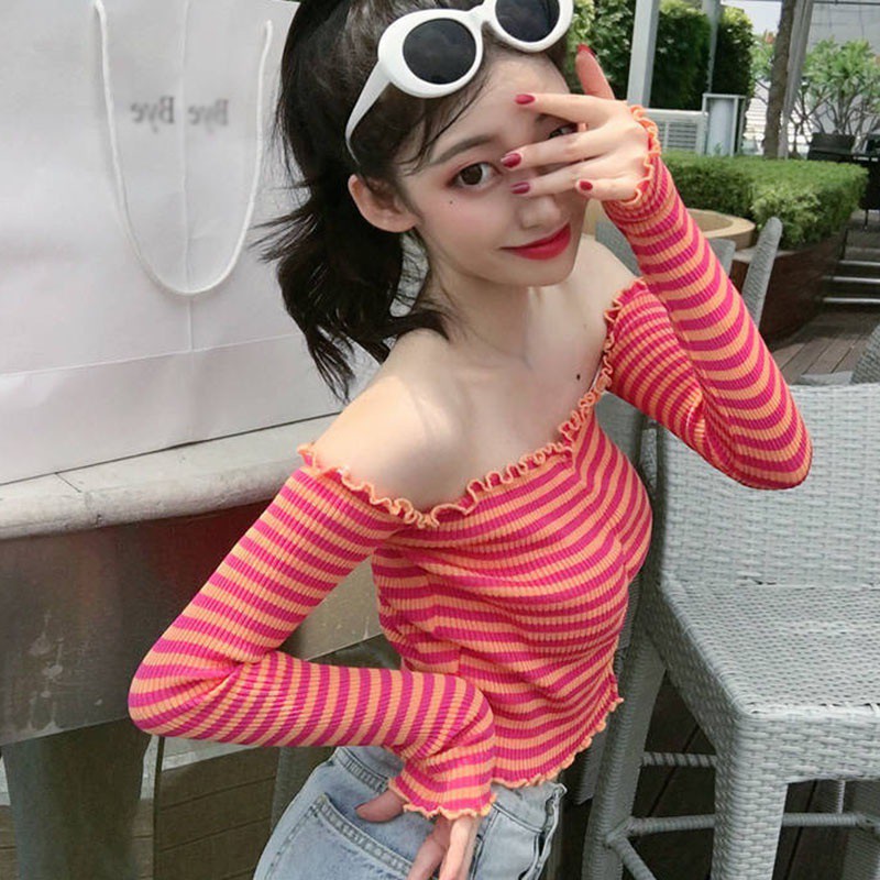 Women's Fashion Slash Neck Striped Sexy Sweet Knitted Long Sleeve Sweater Top | BigBuy360 - bigbuy360.vn