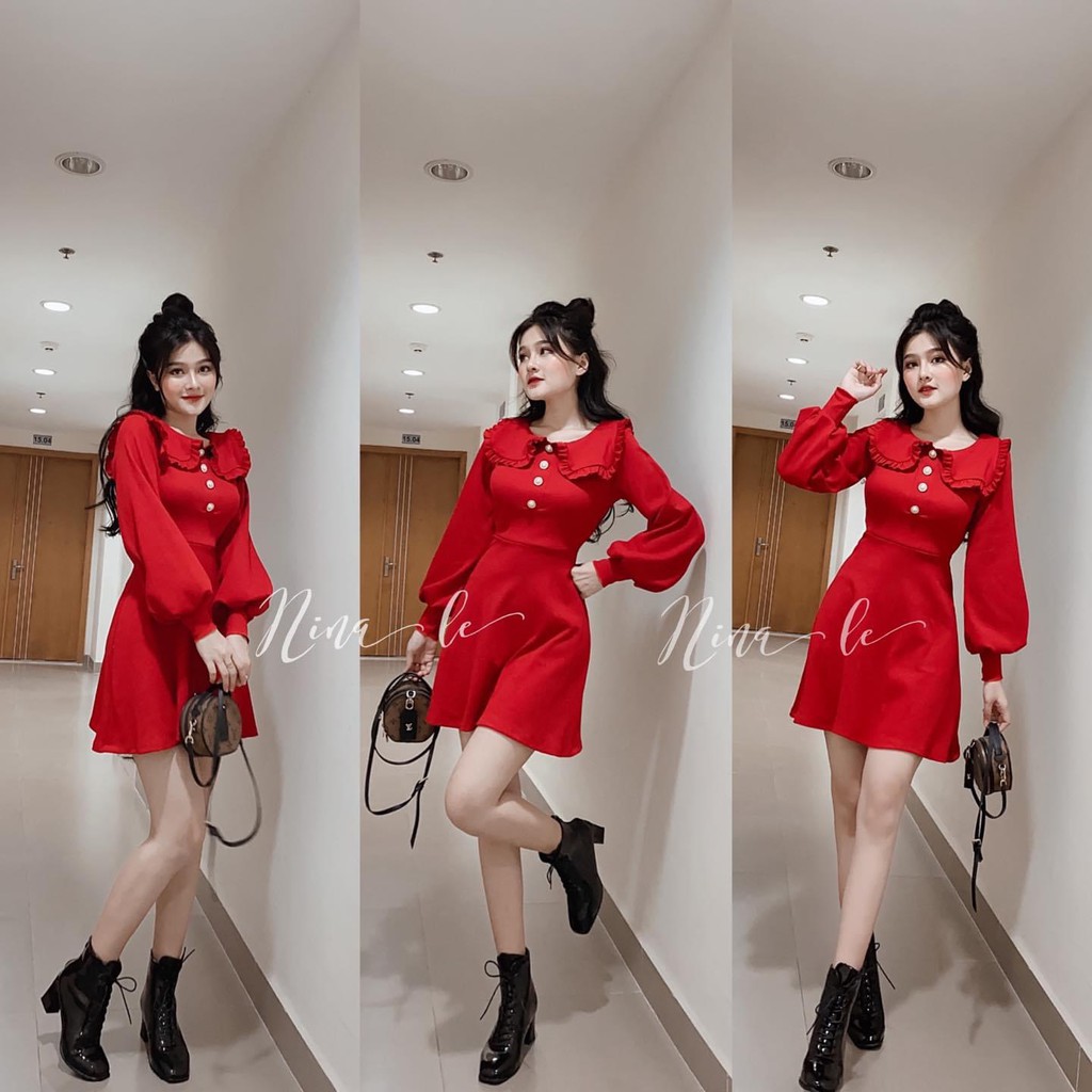 Đầm Len Gân Cổ Thủy Thủ Nút Cườm Xinh Xinh 2 Màu Đen Đỏ So hot 1434