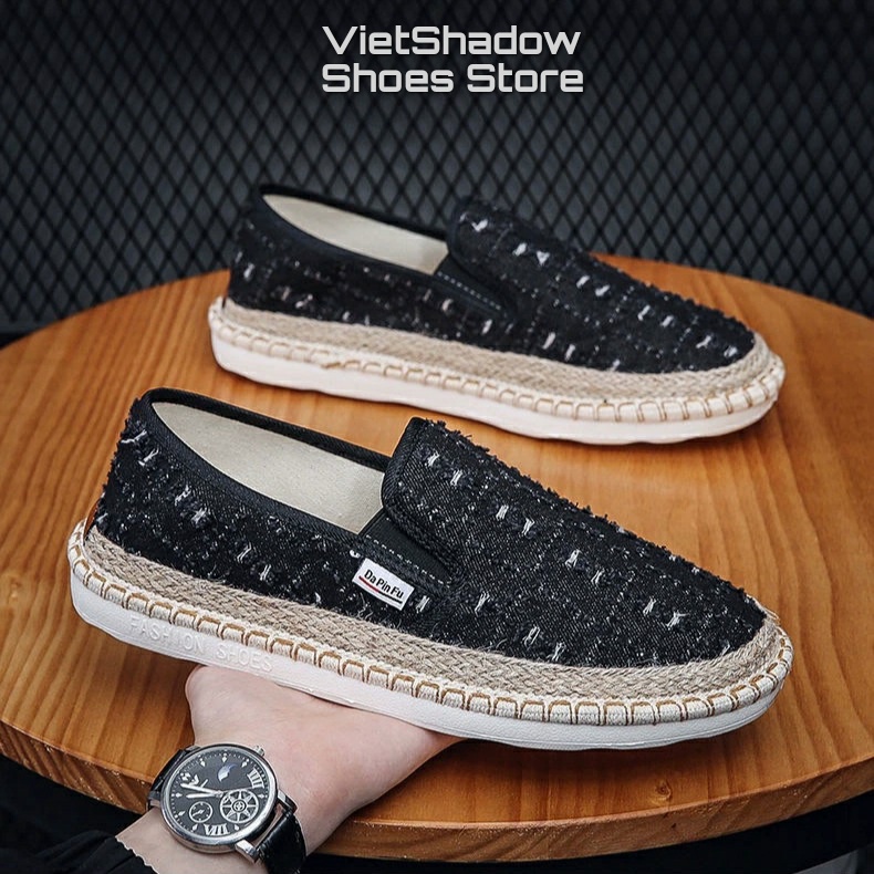 Slip on nam - Giày lười vải bò mài 2 màu đen và xanh denim - Mã 895