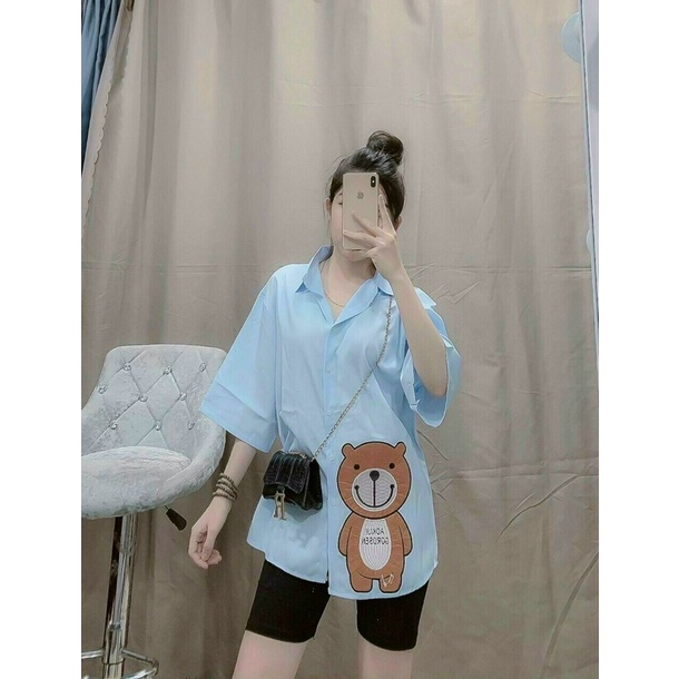 sét bộ quần ngố áo sơ mi thêu gấu