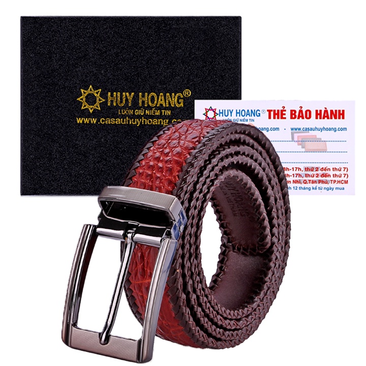 Dây nịt nam da cá sấu Huy Hoàng đan viền 3,5P đầu kim màu nâu đỏ HP4278