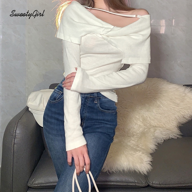 Áo croptop tay dài trễ vai dáng ôm màu trơn thời trang quyến rũ cho nữ