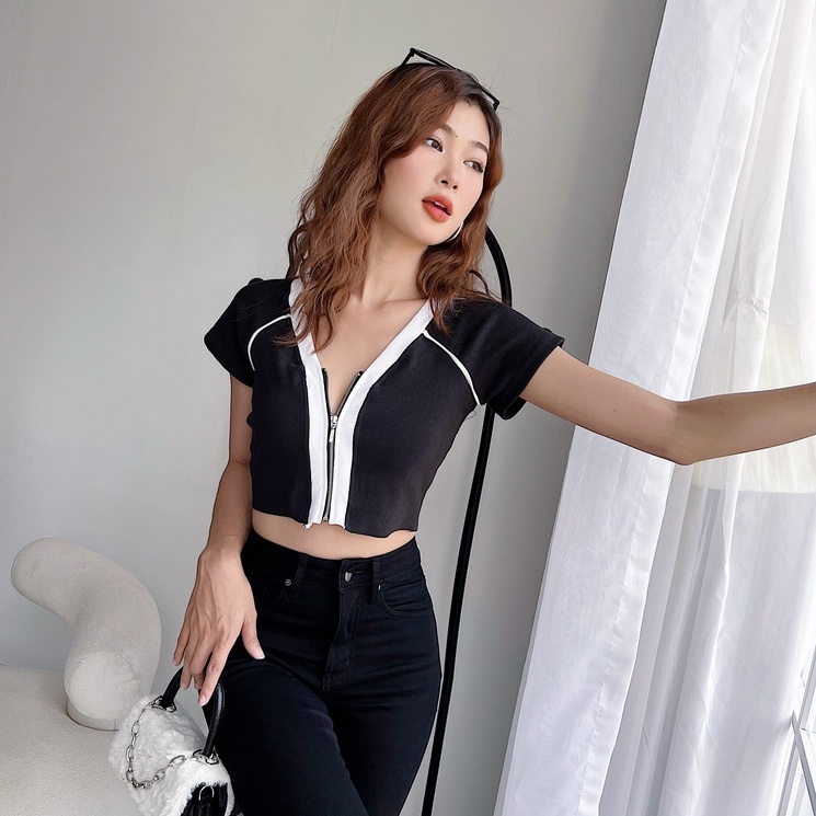 Áo croptop nữ tay ngắn dây kéo TOPTIFY cổ tim viền phối màu Call Me Your Top  AC09