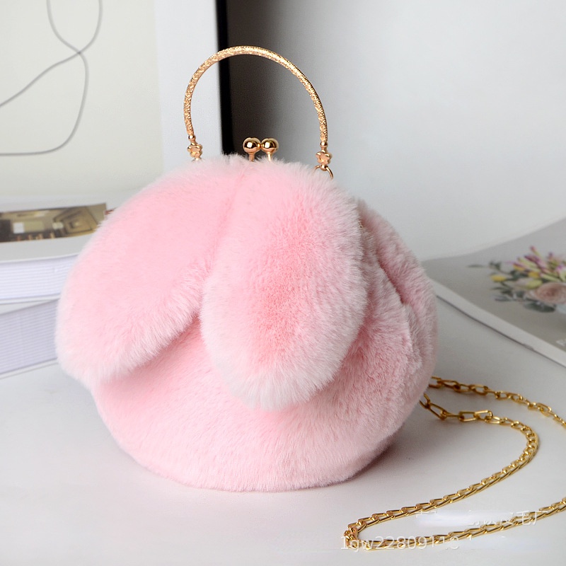 Túi Đeo Chéo Lông Xù Đính Tai Thỏ Dễ Thương Phong Cách Hàn Quốc