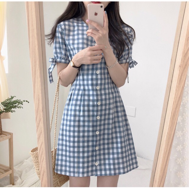 Váy kẻ nơ tay Hàn Quốc