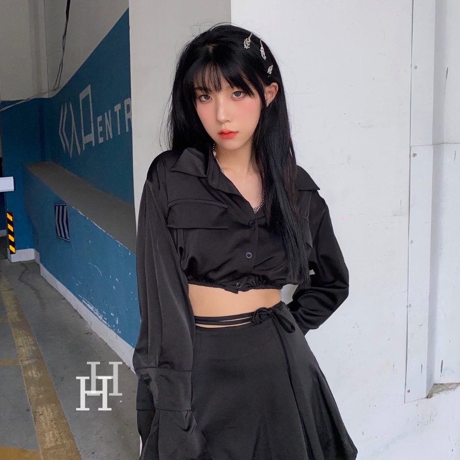 Set chân váy cột dây &amp; áo sơ mi croptop tay dài HS128 Hỉn Hỉn Store