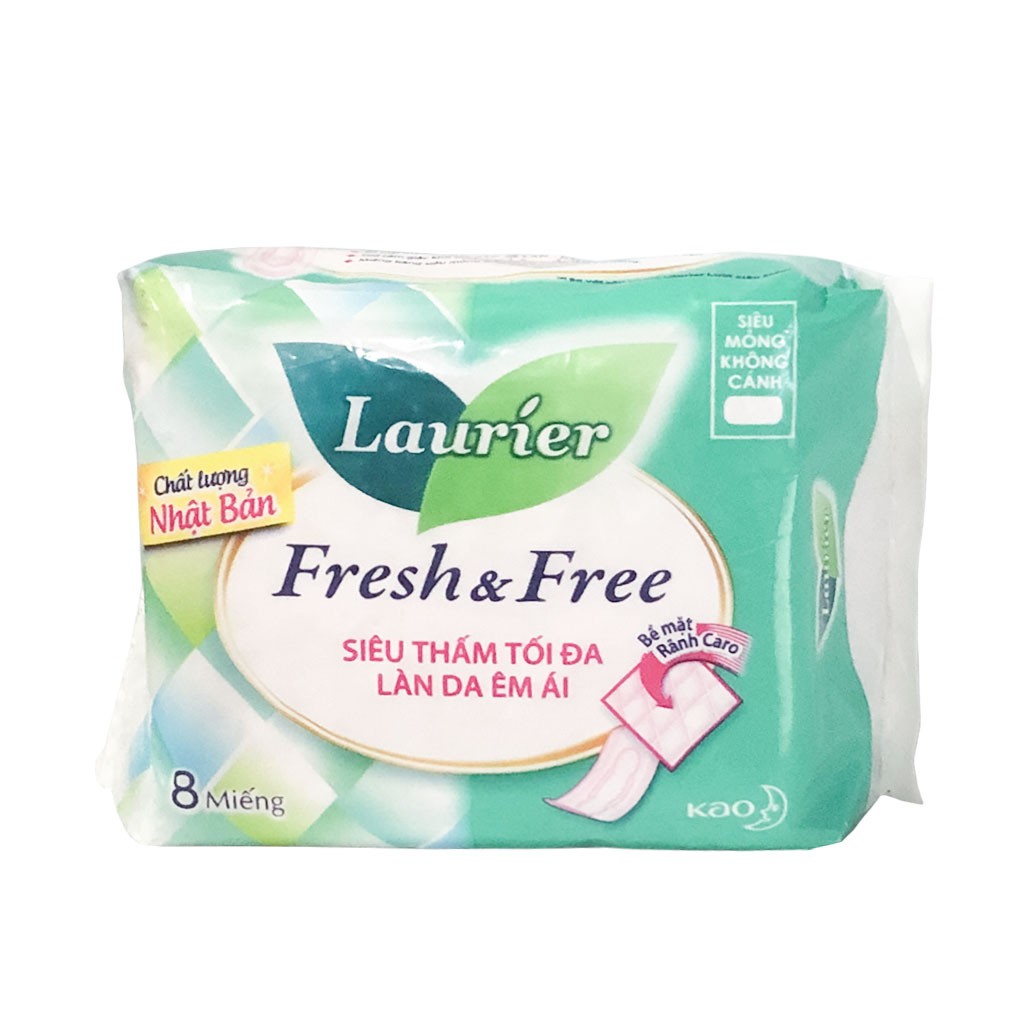 Băng Vệ Sinh Laurier Fresh &amp; Free Siêu Mỏng Không Cánh Gói 8/20 Miếng (Siêu thấm tối đa - Lan da êm ái)