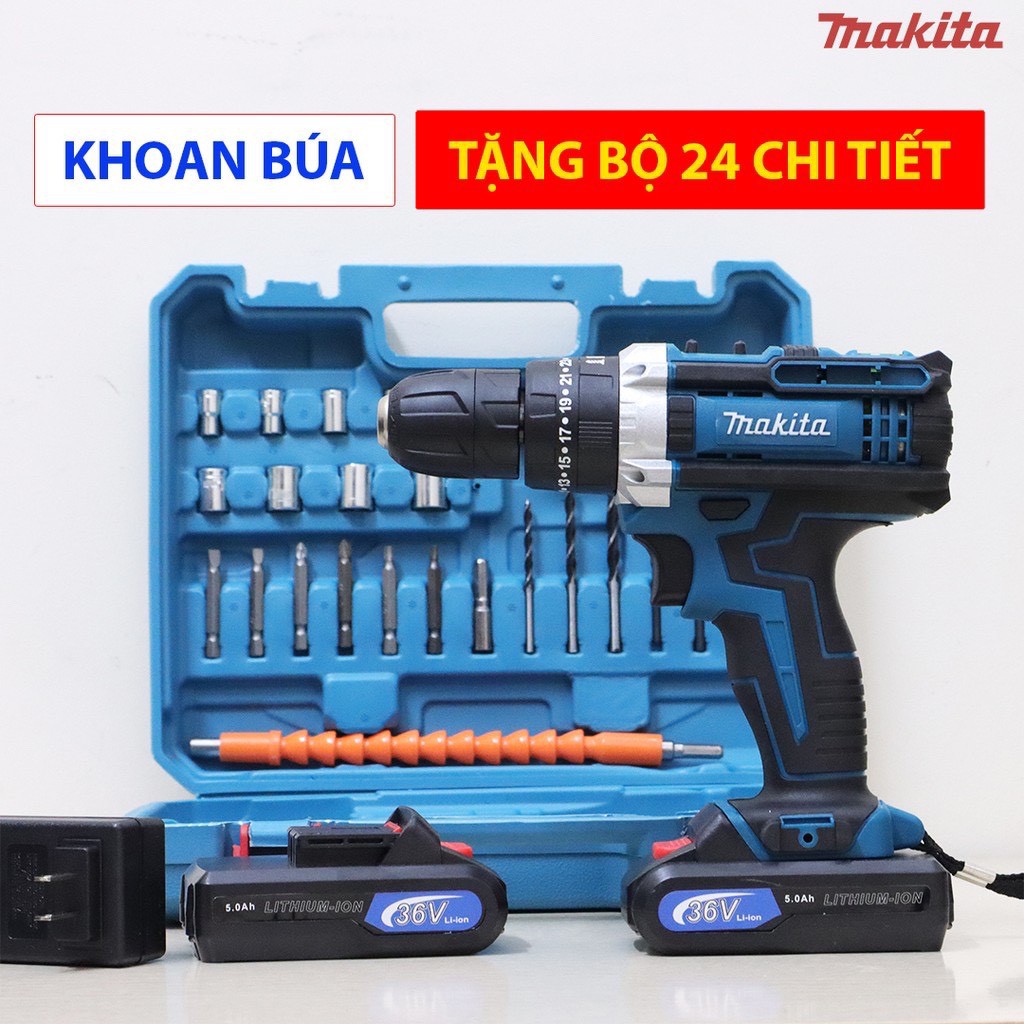 Máy Khoan Pin MAKITA 36V đầu 10ly Có Búa + Phụ Kiện, kèm 2 pin chuẩn 10 cell - Máy bắn vít - Máy khoan tường