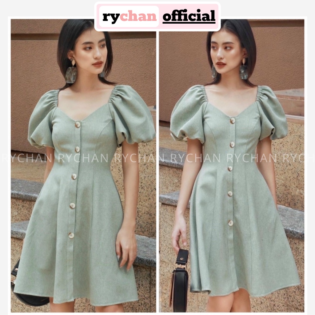 Đầm Dự Tiệc Dáng Ngắn Xòe Cổ V Tay Bo Phồng Nút Trước Cổ Điển Quý Tộc, Đầm Xinh Nữ Retro Màu Mint - DX9784