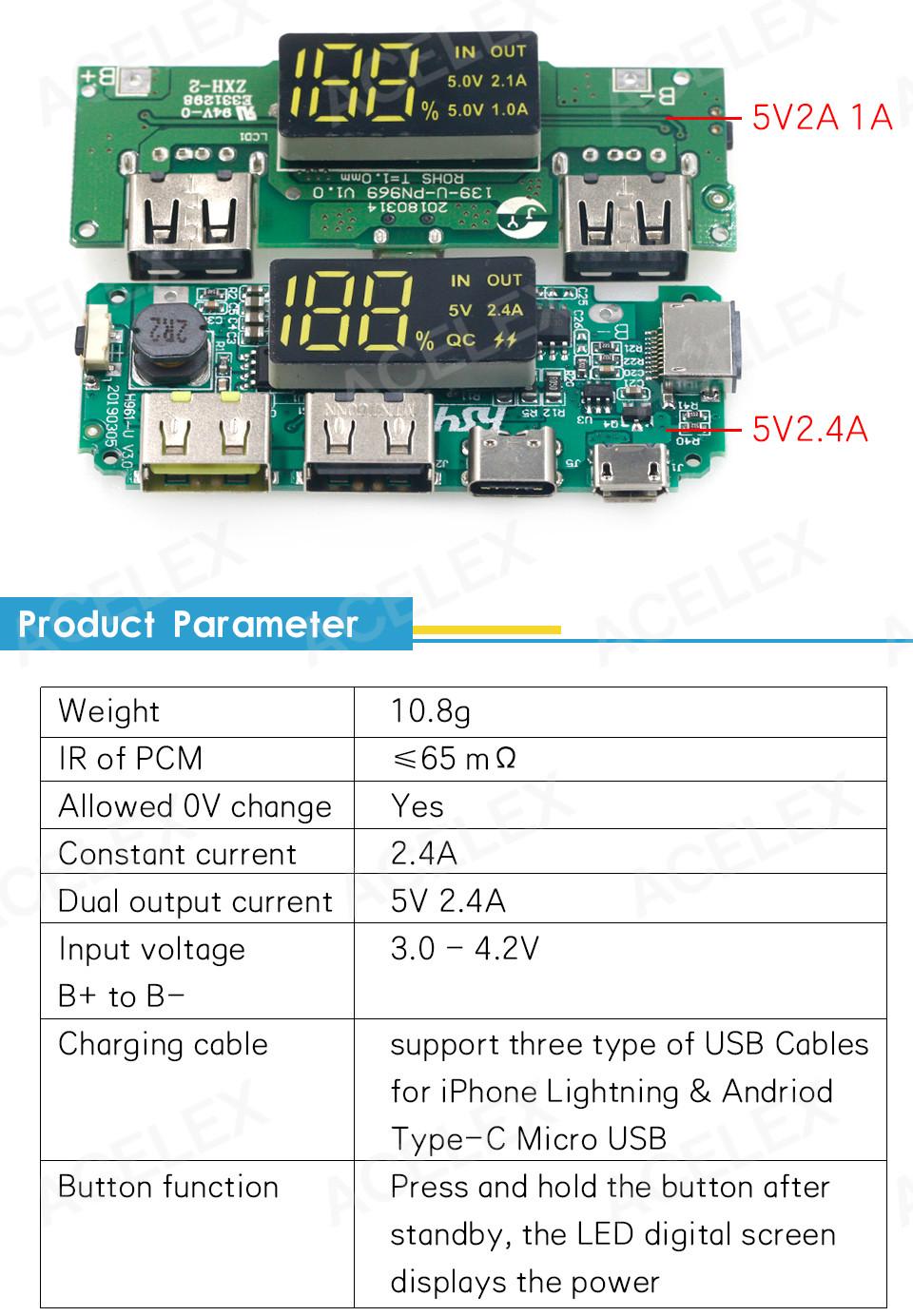 Mô-đun sạc pin lithium dự phòng với đèn LED 2 cổng USB 5V 2.4A 2A 1A Micro / Type-C