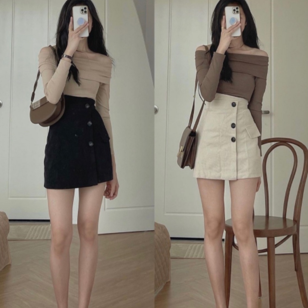 Chân váy nhung tăm chữ A dáng ngắn vạt chéo cách điệu hàng QCCC loại 1 đẹp thời trang CW121