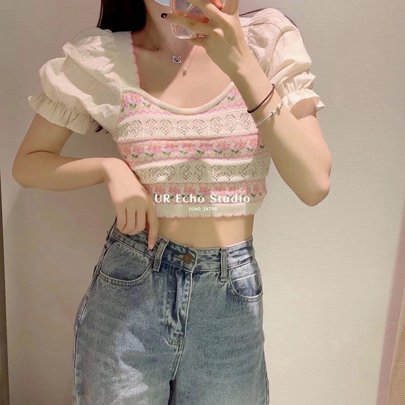 Áo Thun Dệt Kim Tay Phồng Ngắn Họa Tiết Hoa Thời Trang Mùa Hè