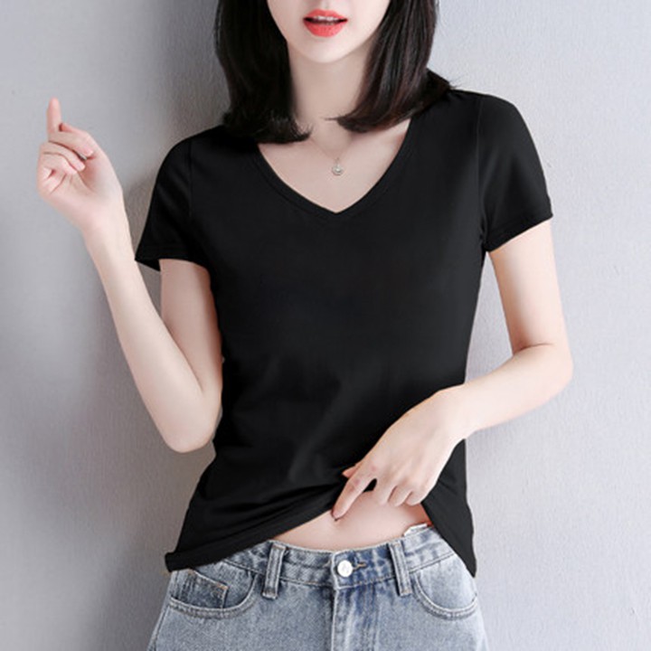 Áo thun cổ tim nữ trơn tay ngắn KING Áo phông ngắn tay nữ chất vải cotton co giãn thấm hút mồ hôi tốt V06
