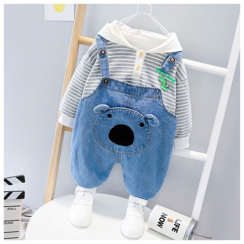 (jean baby kho sỉ) sét hai chi tiết yếm jean dài+áo phông dài tay cho bé