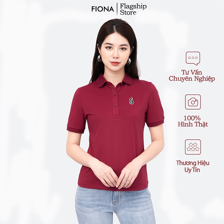 Áo thun nữ polo, phối bo cổ và tay thêu họa tiết mèo cách điệu màu đỏ, trắng, ghi - F521189 [FIONA]
