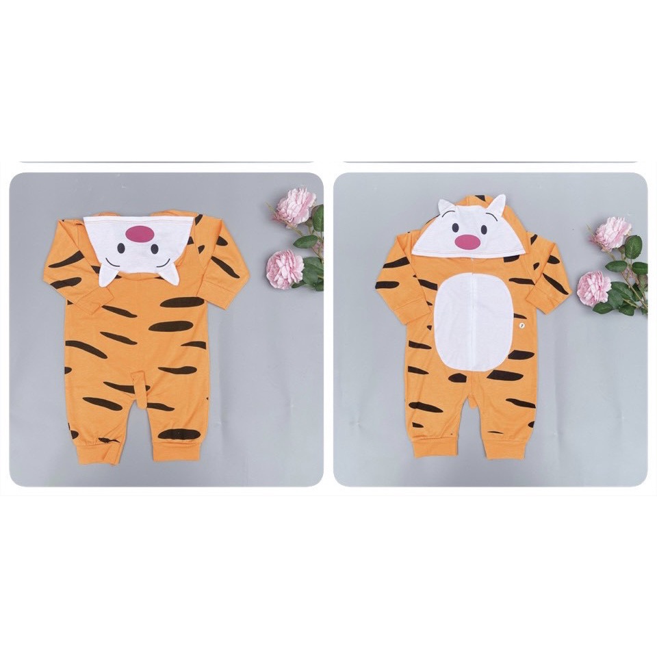 Áo dài liền thân dài tay hình con vật có mũ ngộ nghĩnh cho bé 5-15kg, vải cotton mềm, co giãn