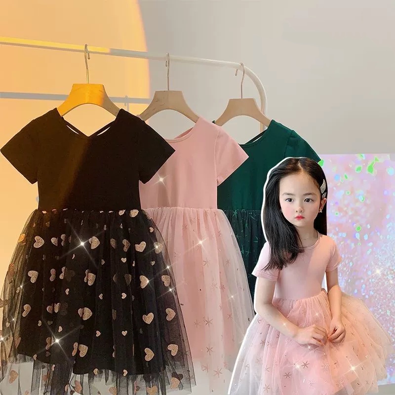 MNGRL Đầm Công Chúa Màu Đen Mềm Mát Phong Cách Hàn Quốc Thời Trang Mùa Hè Cho Bé Gái