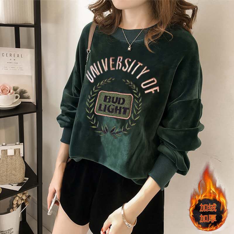Áo sweater vải nhung dày hai mặt dáng rộng thêu họa tiết thời trang thu đông mới dành cho nữ 2021