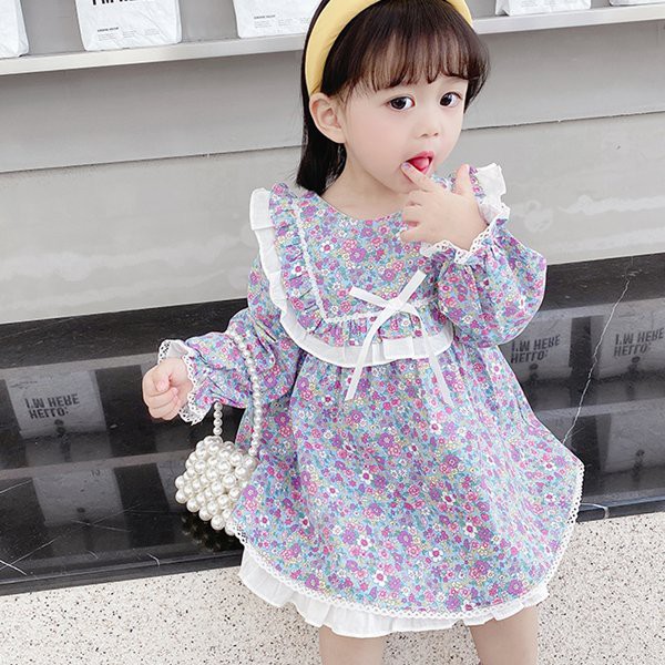 Váy Hoa Dài Tay Viền Bèo Trắng Cho Bé
