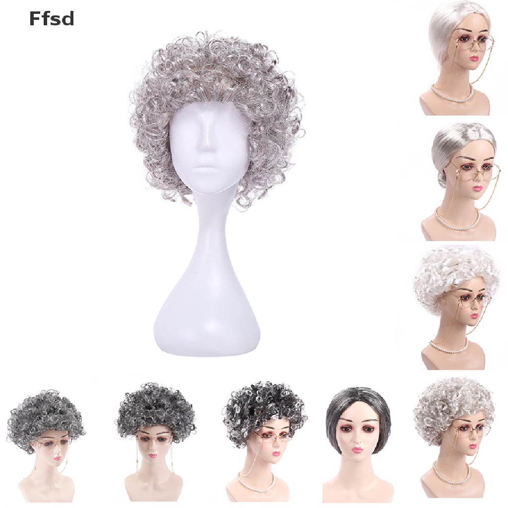{Ffsd} Tóc Giả Ngắn Xoăn Bồng Bềnh Màu Xám Bạc Bằng Sợi Tổng Hợp Màu Xám Dành Cho Người Lớn Tuổi Biểu Diễn Sân Khấu