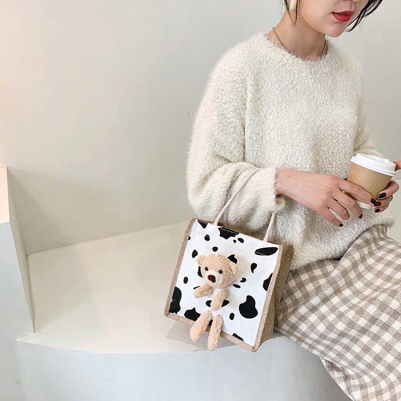 Túi Xách Tay Cói Gấu Bông Mini