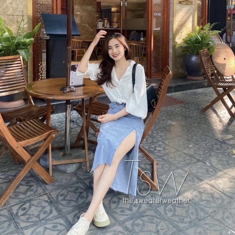 Chân váy jeans dáng dài bút chì Váy jean midi mác da xẻ tà