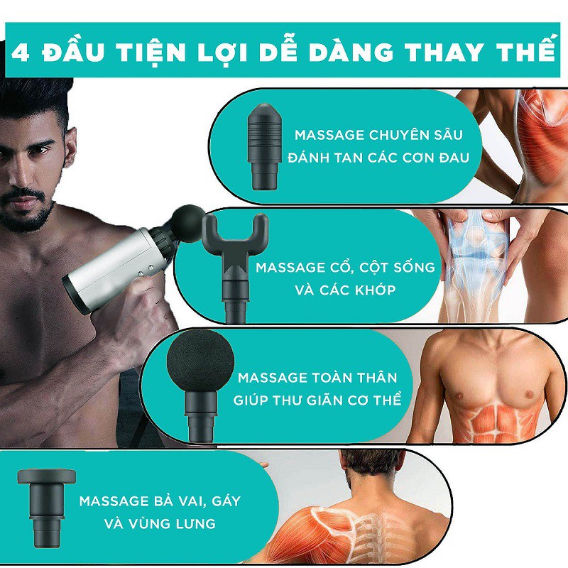 Máy massage cầm tay mini đấm lưng mát xa trị liệu cổ vai gáy rung giảm mỡ bụng 4 đầu 6 chế độ chính hãng BH 12 tháng