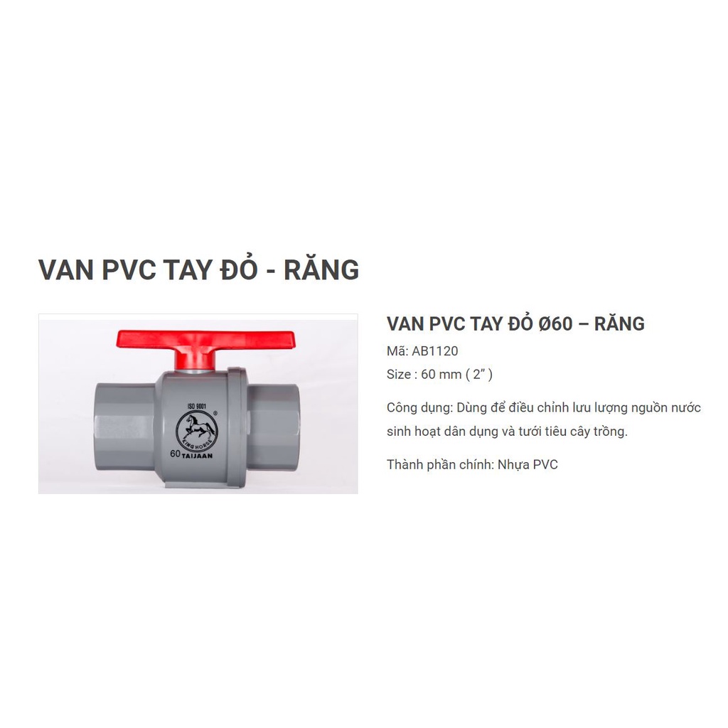 Van nhựa có răng, van nhựa 2 đầu có răng, Van răng PVC Ø60 Taijan- Hiệu con ngựa- BH 12 tháng- Hàng chính hãng