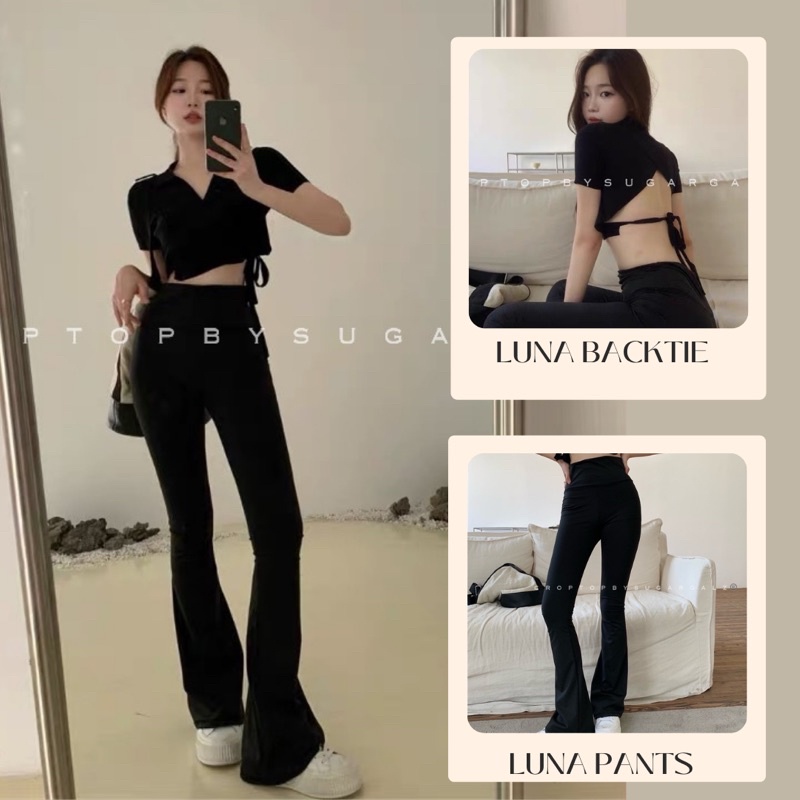 Set áo croptop vạt chéo hở lưng kèm Quần cạp cao ống loe kéo chân - by SGGz