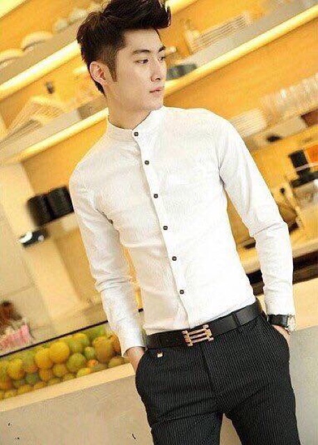 Áo sơ mi Hàn Quốc trơn cổ trụ tay dài thời trang nam