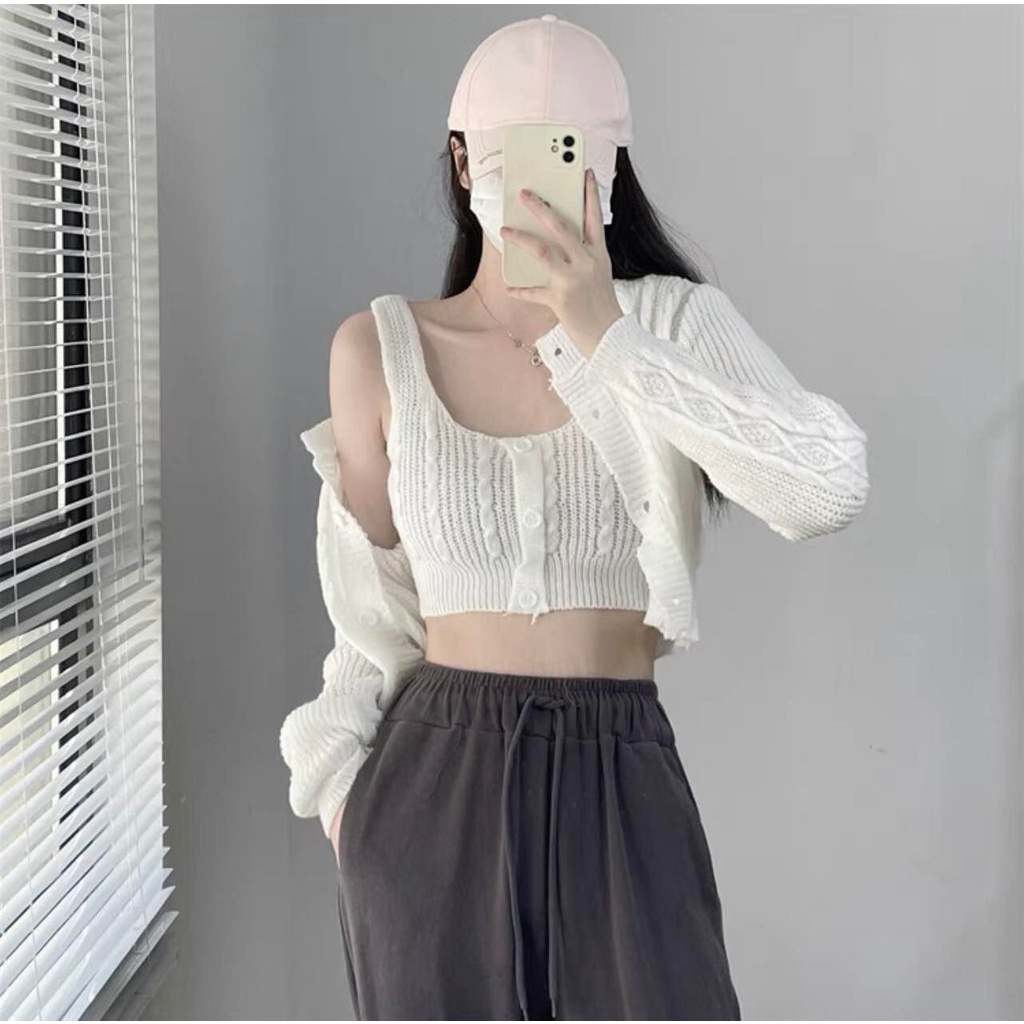 Set 2 món áo 2 dây + áo khoác len trẻ trung cá tính DA99