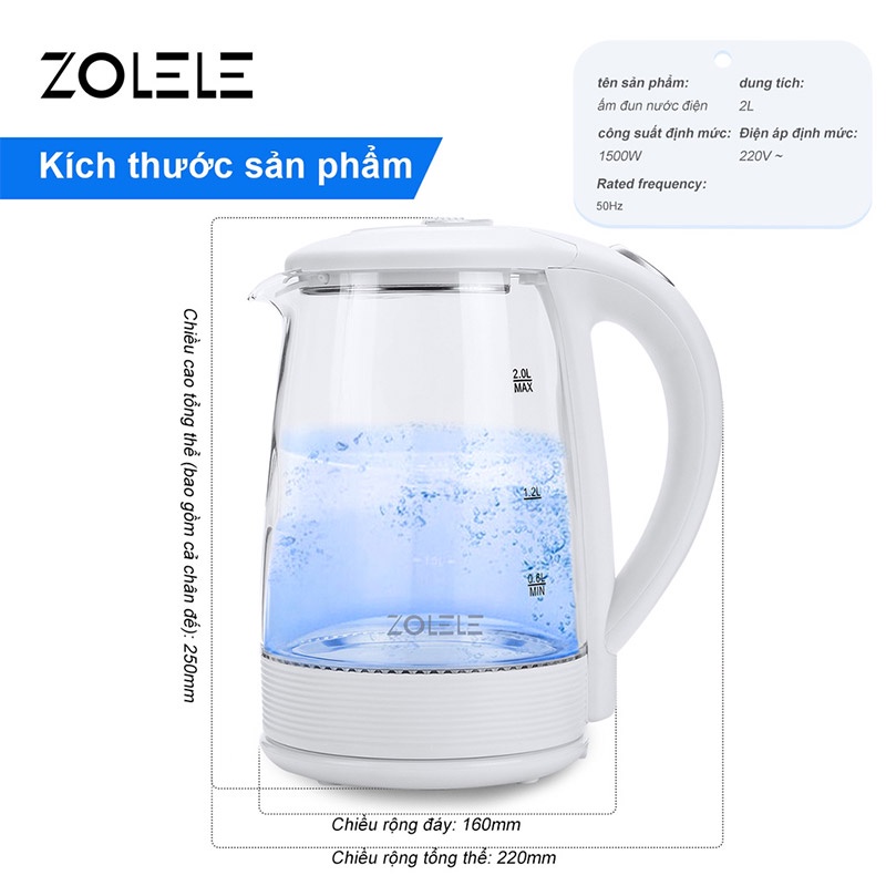 Bình đun siêu tốc  ZOLELE ZH101 dung tích lớn 2L-1500W - Hàng chính hãng