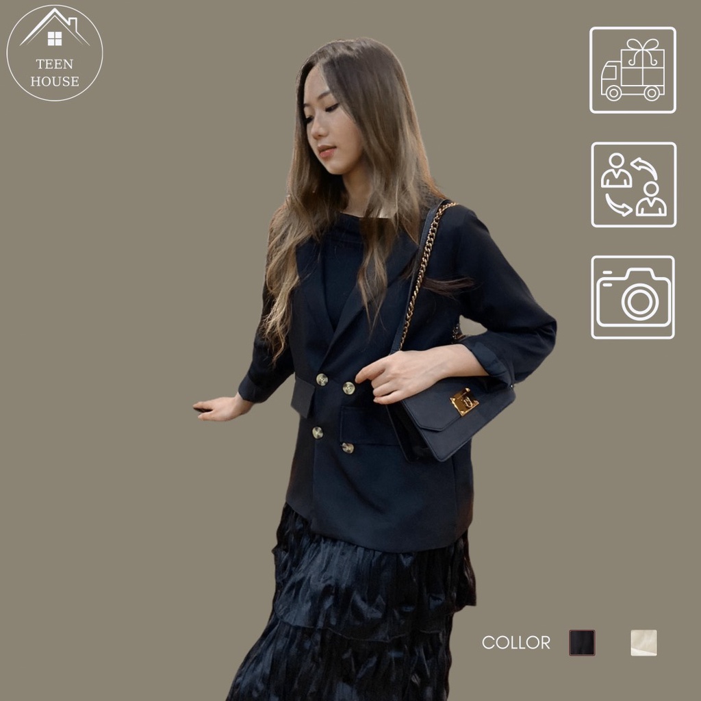 Áo vest nữ blazer kiểu áo khoác blazer nữ hàn quốc 2 lớp dáng dài siêu đẹp 2 màu be, đen