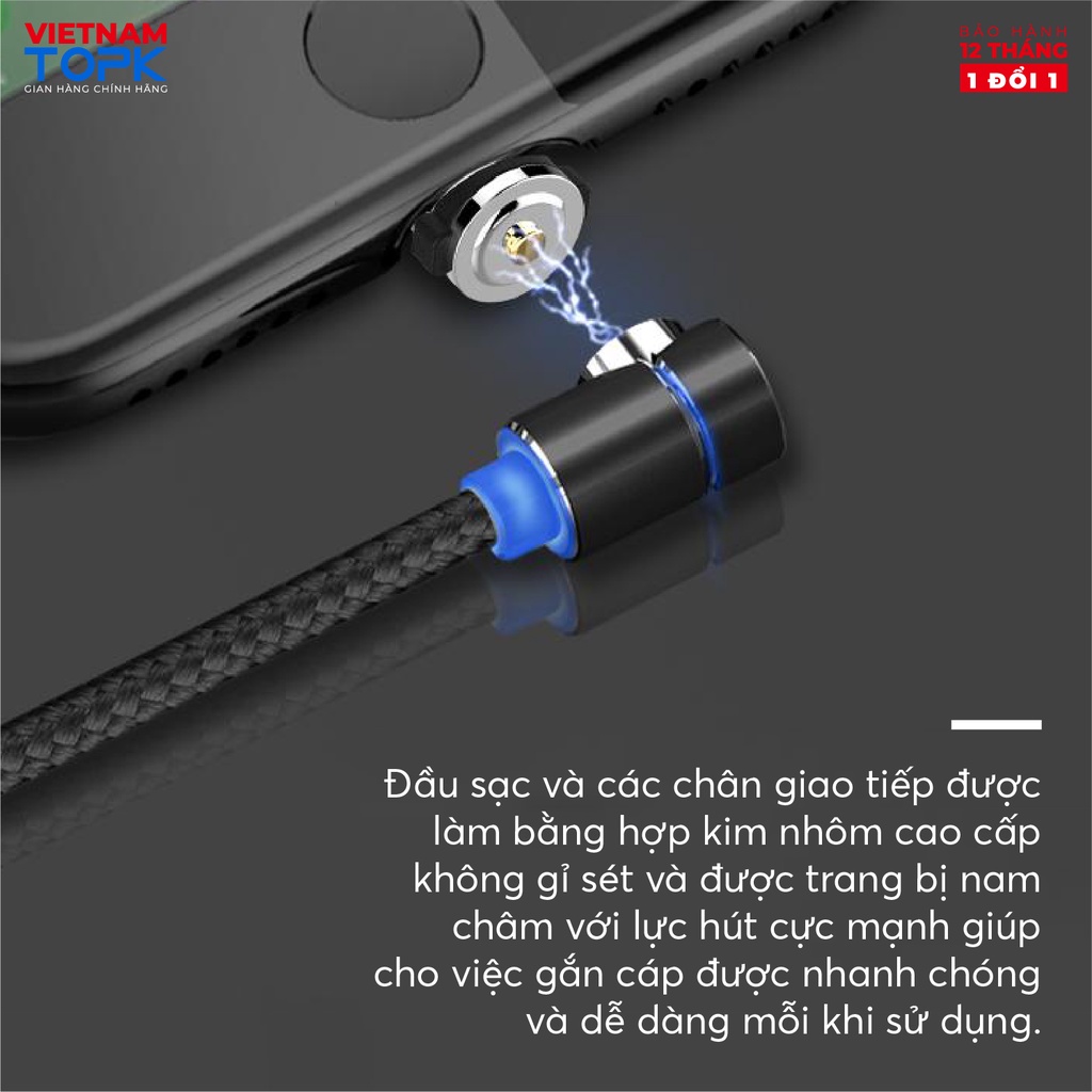 Dây sạc nam châm đầu nối vuông góc TOPK AM30 Đèn LED Hàng chính hãng Bảo hành 12 tháng