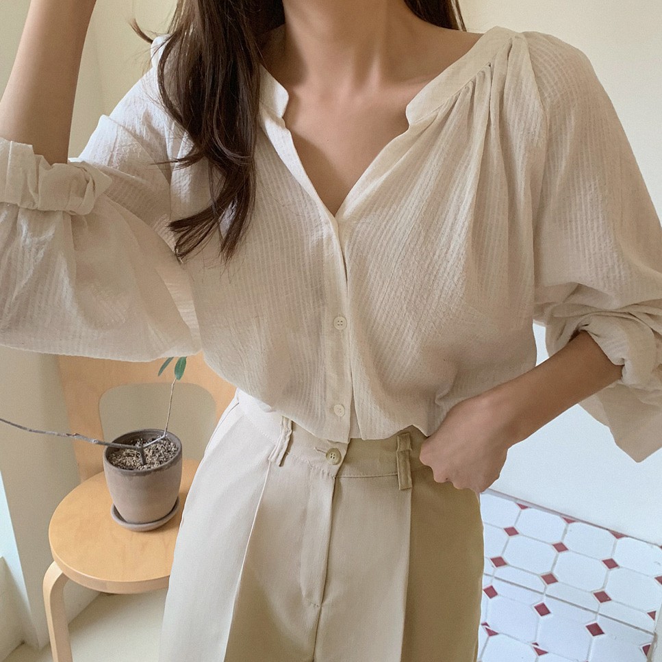 Áo sơ mi tay dài cổ chữ V dáng rộng màu trơn thời trang 40782