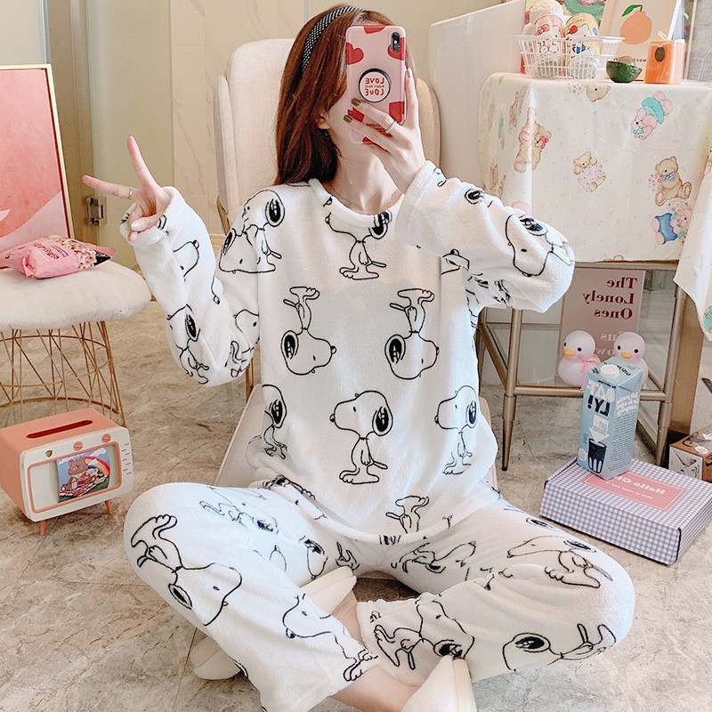 Bộ đồ ngủ nữ nhung dài tay - Quần áo mặc nhà mùa đông thu xuân hè BĐN09