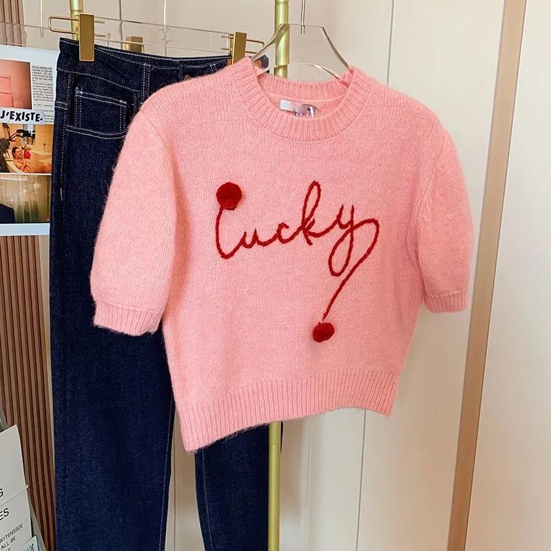 Áo Sweater Dệt Kim Tay Ngắn Dáng Ngắn Màu Hồng Dễ Thương Cho Nữ  tao bao