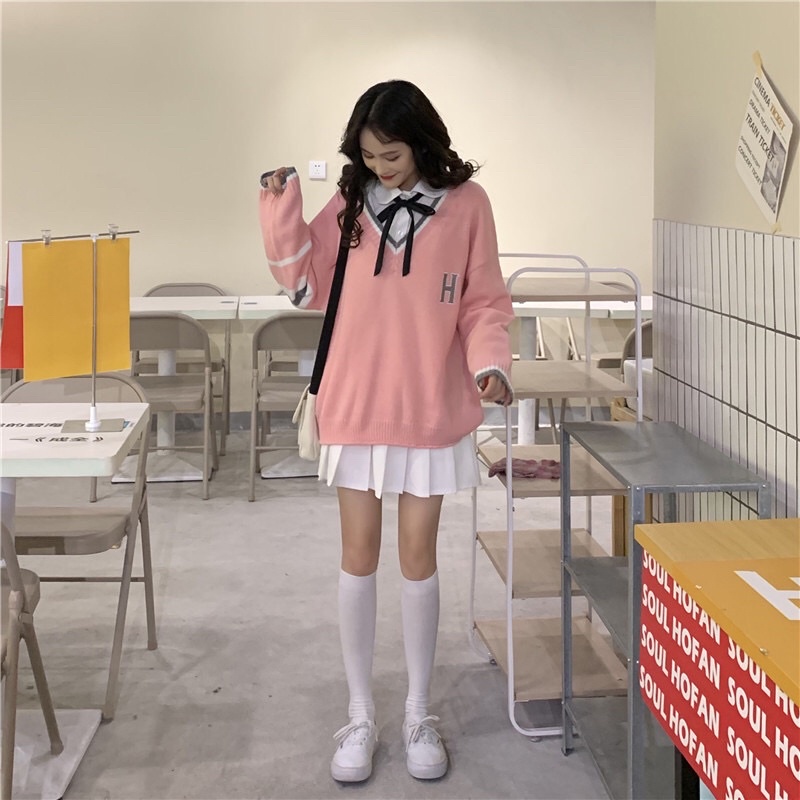 Áo len nữ cổ chữ v áo len thu đông phong cách trẻ trung học sinh thanh lịch chất nên mền mịn form rộng