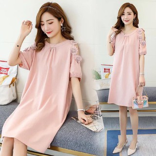 Váy bầu đầm bầu suông big size thời trang phối hoa bên tay