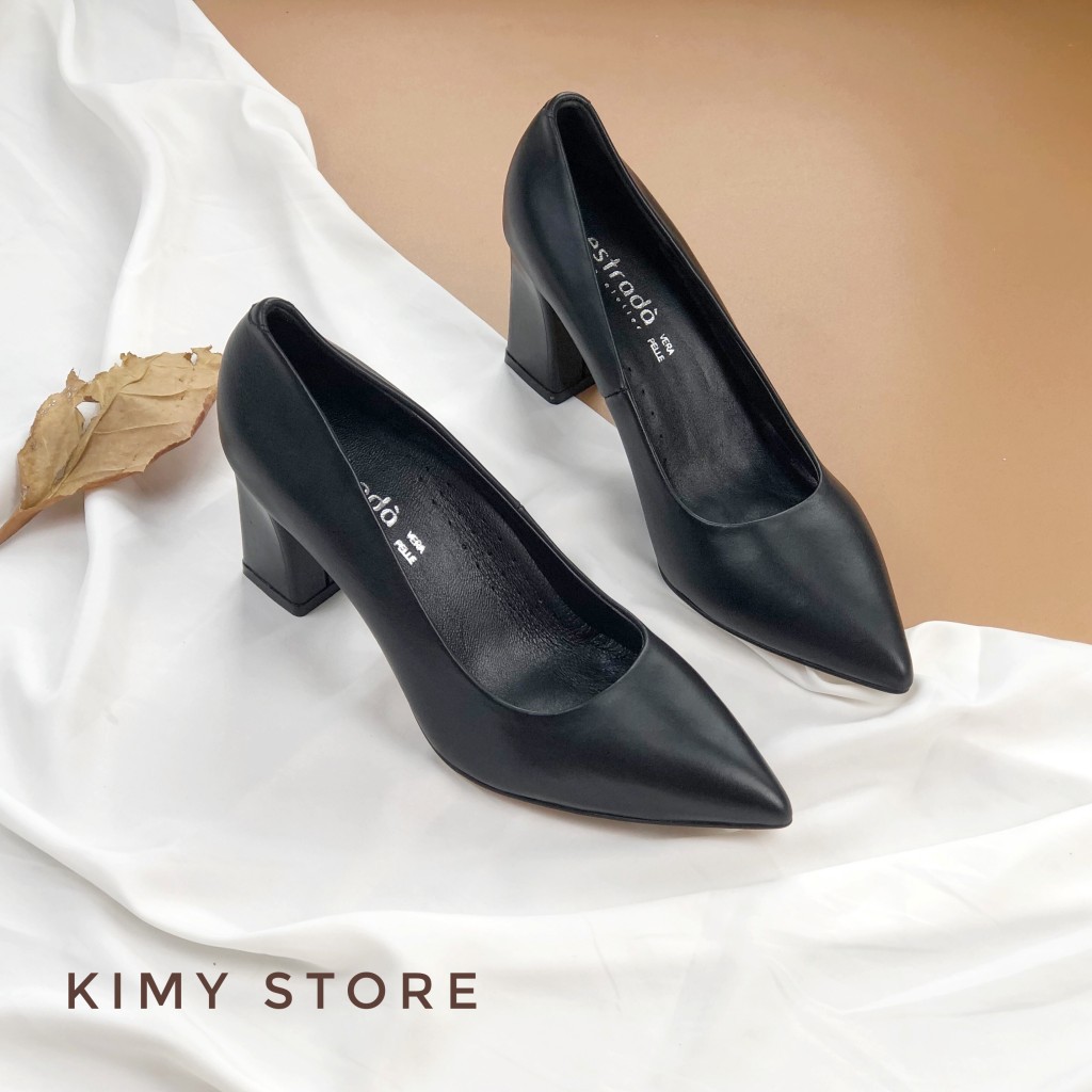 Giày cao gót công sở nữ VNXK da bò, gót trụ loe kiểu lạ 7cm-Dáng basic mũi nhọn